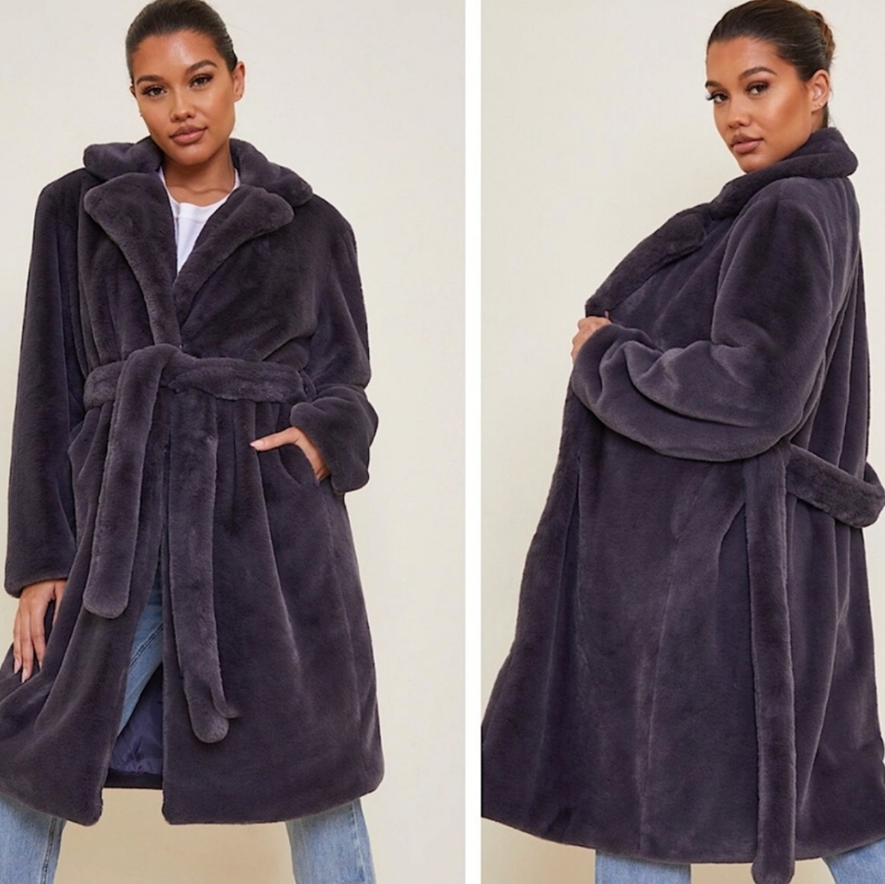 pretty little thing nwt tall grey belted faux fur coat